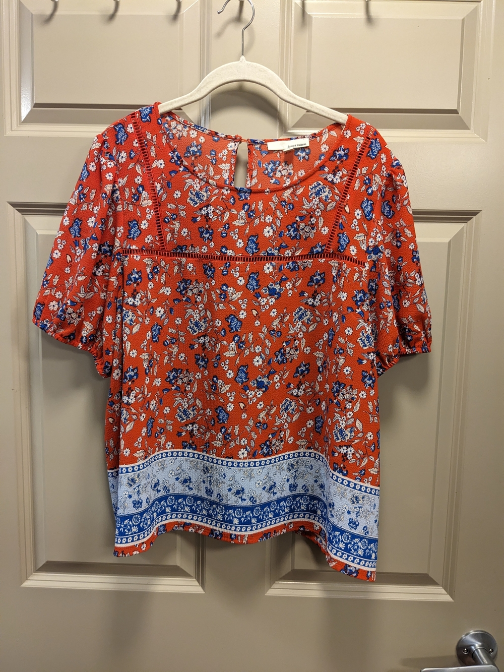june & hudson Red Floral Border Print Short Sleeve Blouse Size XL